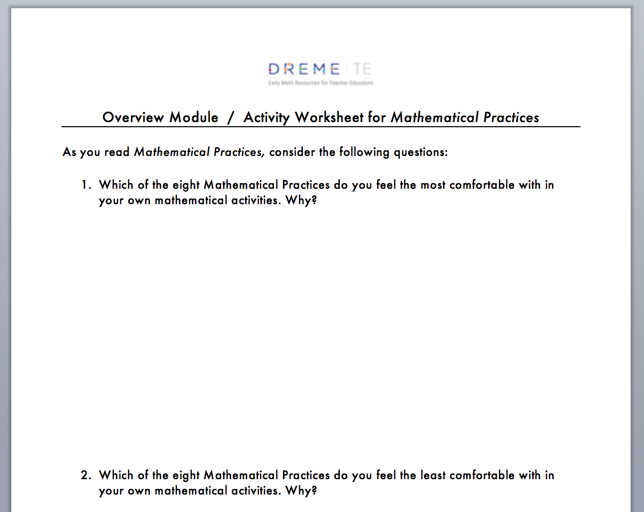 worksheet for mathematical practices activity