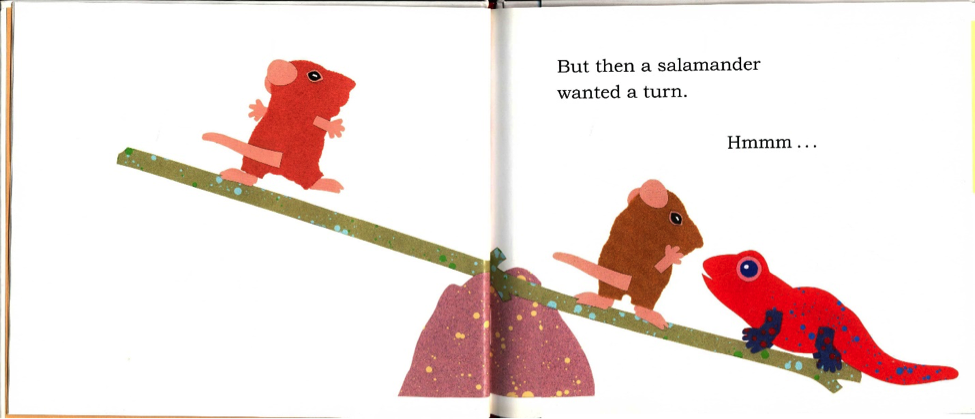 storybook page with animals on seesaw