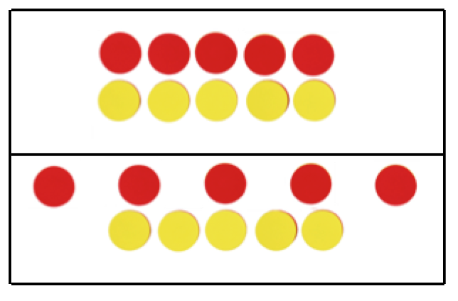 two contrasting images of red and yellow counters lined up