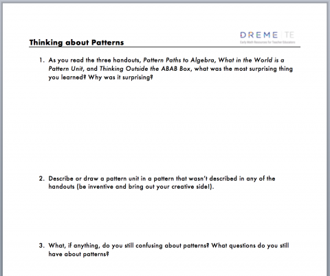 screenshot of thinking about patterns worksheet